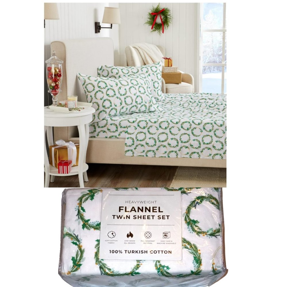 Heavyweight Flannel Twin Sheet Set Christmas Wreath Turkish Cotton Oeko-Tex - Picture 2 of 3